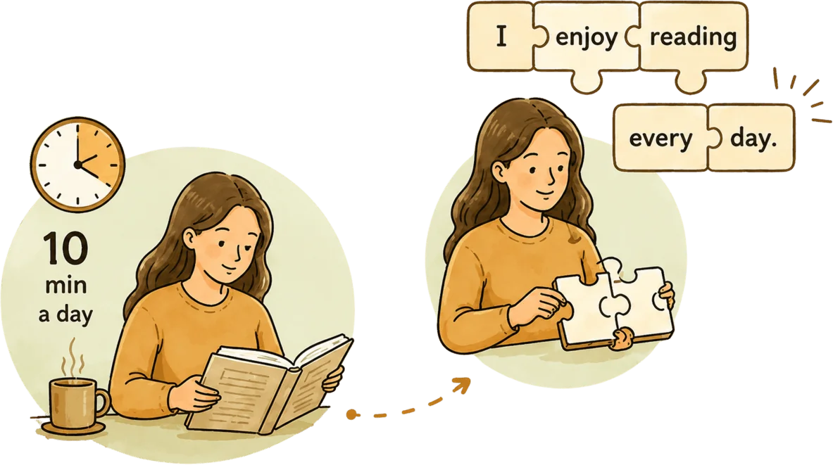 A learner reading 10 minutes a day and assembling English sentences like puzzle pieces.