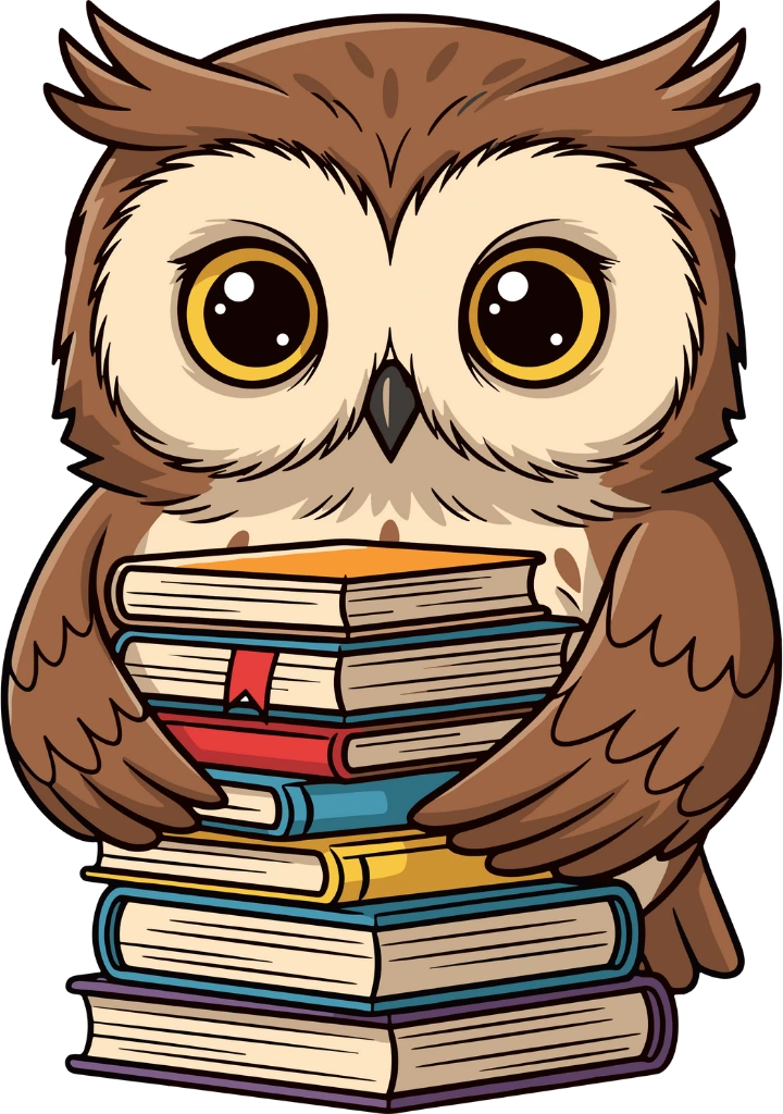 Friendly cartoon owl mascot hugging a tall stack of colorful books, representing Read2Fluent's bilingual story library